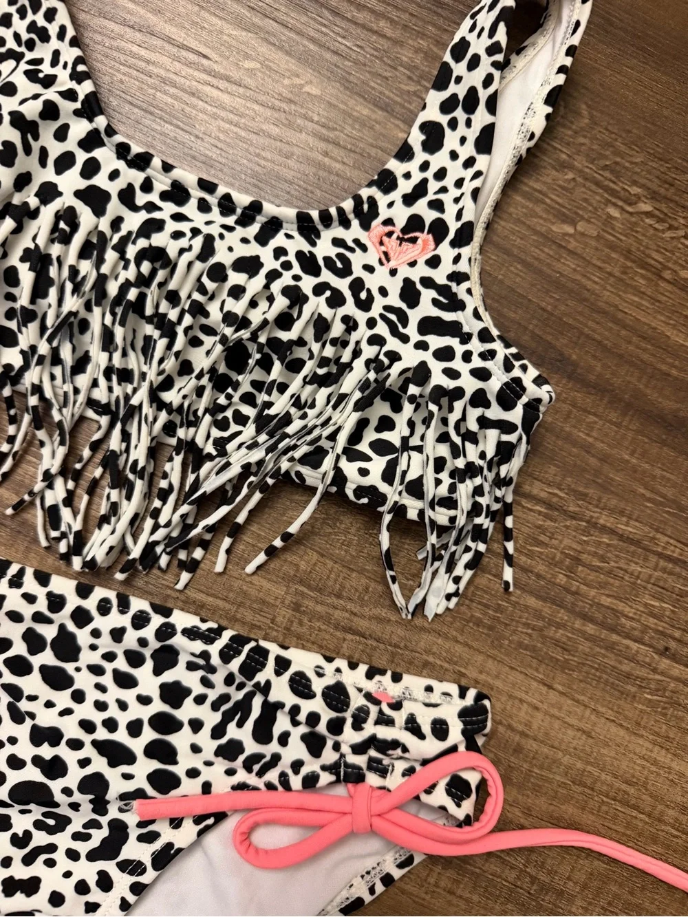 Roxy Girls Bikini Swimsuit Black White Animal Print Fringe Size 10/12